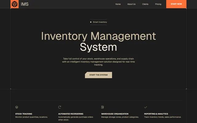 Inventory management system website made with Mobirise, desktop view
